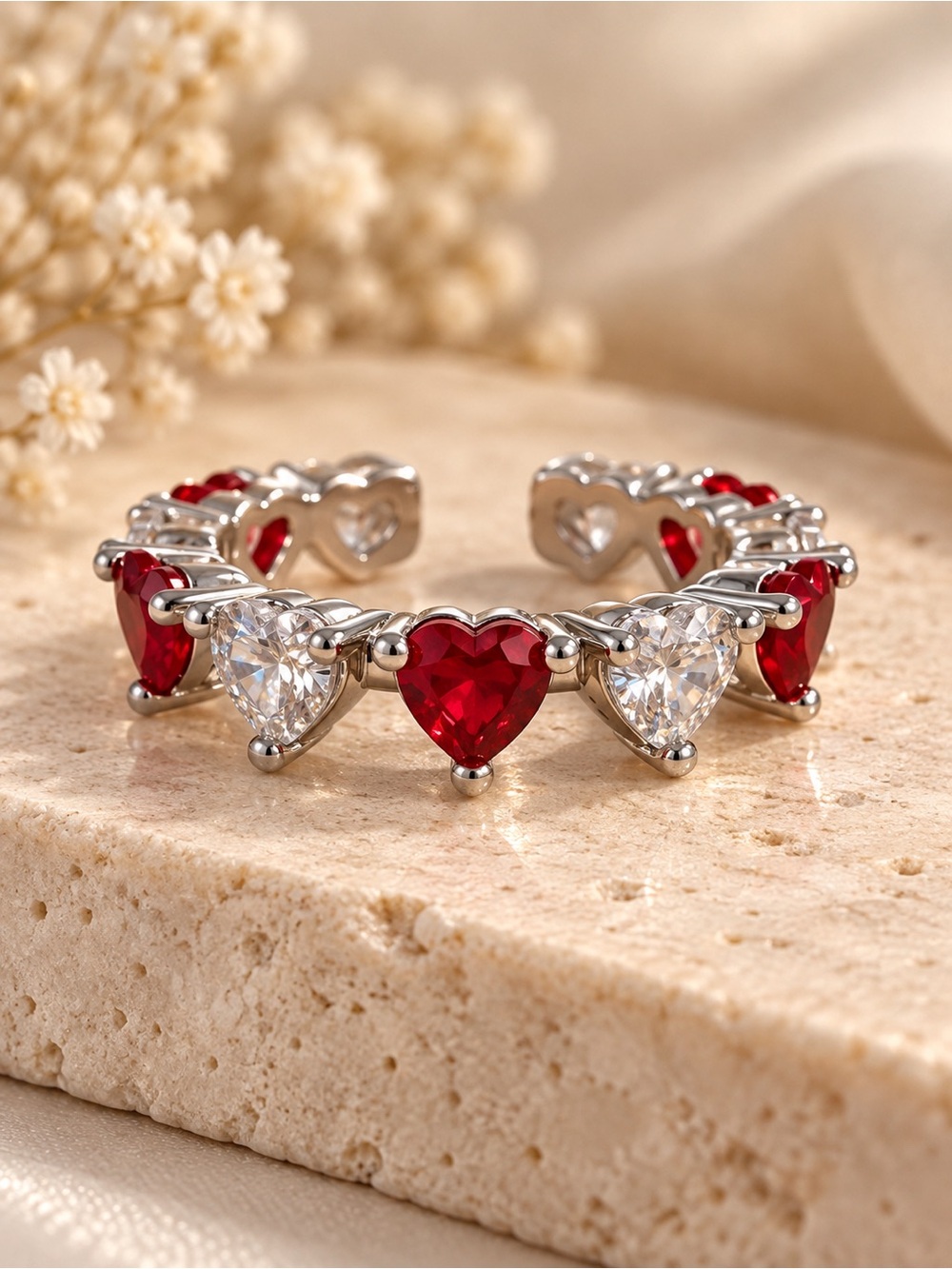 Red & Clear Heart Stone Open Adjustable Silver Tone Ring